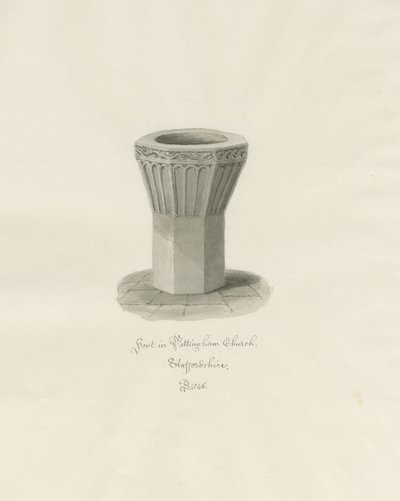 Pattingham教堂的字体：棕褐色水墨画，1846年 作者 约翰·巴克勒