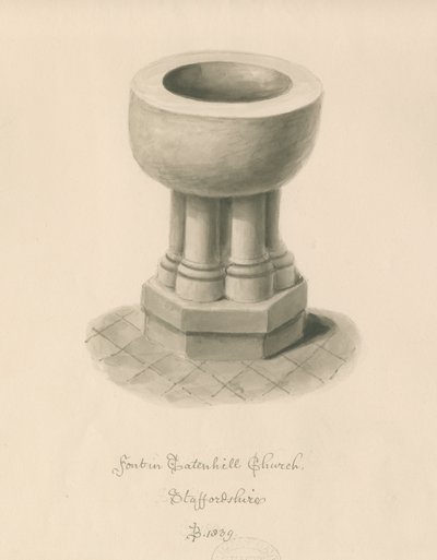 Tatenhill 教堂的字体：棕褐色水洗画 作者 约翰·巴克勒