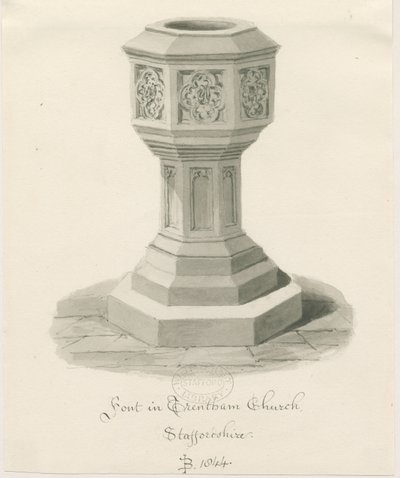 特伦瑟姆教堂（Trentham Church）的字体：棕褐色图纸，1844年 作者 约翰·巴克勒