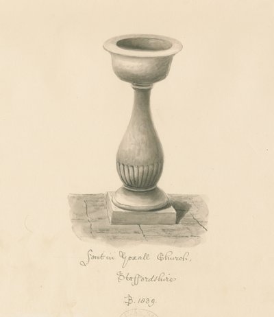 Yoxall教堂的字体：棕褐色绘画，1839年 作者 约翰·巴克勒