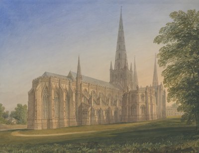 利奇菲尔德大教堂（Lichfield Cathedral）-东北部景观：水彩画，作品编号[1770-1851] 作者 约翰·巴克勒