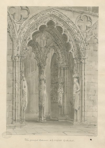 Lichfield Cathedral - West Doorway: sepia drawing 作者 约翰·巴克勒