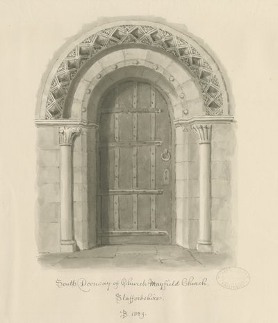 梅菲尔德教堂-南门口：棕褐色水墨画，1839年 作者 约翰·巴克勒
