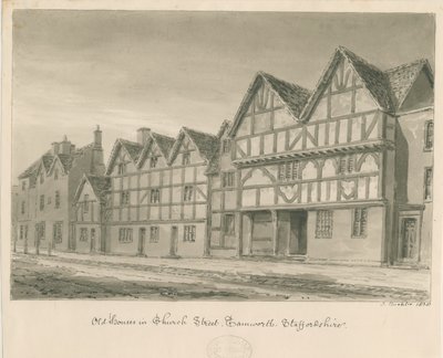 塔姆沃思-教堂街的老房子：棕褐色水墨画，1838年 作者 约翰·巴克勒