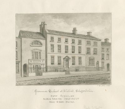 沃尔索尔镇-语法学校：棕褐色水墨画，1845年 作者 约翰·巴克勒