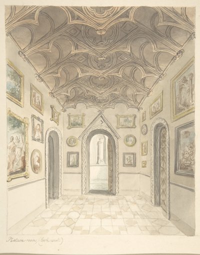 莱亚城堡，伍斯特郡，画室，向西看，约1816年。 作者 约翰卡特。