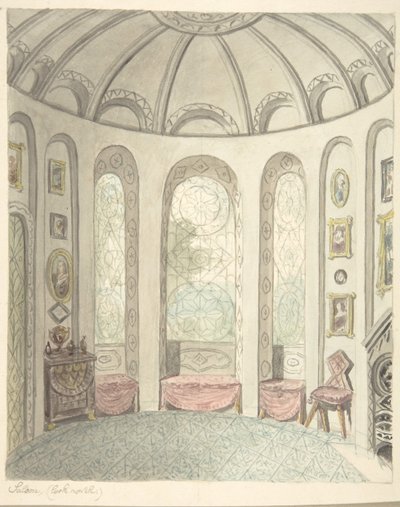 伍斯特郡莱亚城堡，沙龙，向北看，约1816年。 作者 约翰卡特。