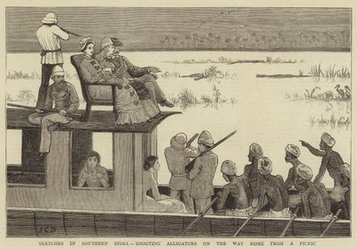 印度南部的草图，从野餐中回家的路上射击鳄鱼 作者 John Charles Dollman