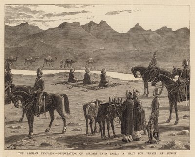 阿富汗战役，将Sirdars驱逐到印度，在日落时停止祈祷 作者 John Charles Dollman