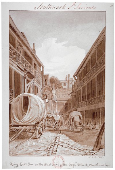 南华克高街东侧的国王头旅馆》，伦敦，1827年。   作者 约翰·切塞尔·巴克勒