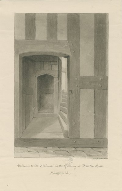 Pillaton Hall - Interior of Gatehouse: sepia drawing 作者 约翰·切塞尔·巴克勒