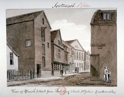 伦敦百蒙西教区街和炮兵街景观，1828年 作者 约翰·切塞尔·巴克勒