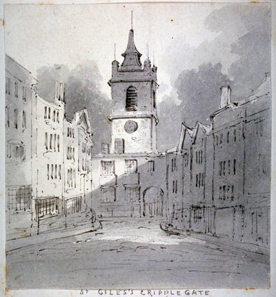 从伦敦市前街看没有克里普门的圣吉勒斯教堂，1790年。          作者 约翰·克劳德·纳特斯