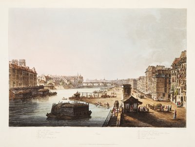 St Loius海岛，Nortre Dame教会的塔，Notre Dame桥梁，天窗，玉米码头，从凡尔赛，巴黎和圣但尼，酒吧的例证。 1805（aquatint） 作者 约翰·克劳德·纳特斯