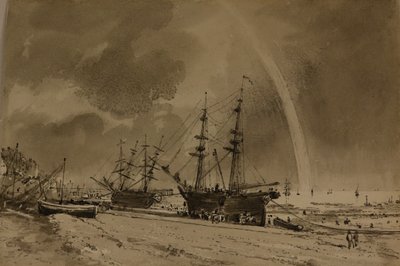 有彩虹的布莱顿海滩：科利尔卸货，约 1792 年（纸面水彩画） 作者 约翰·康斯特勃