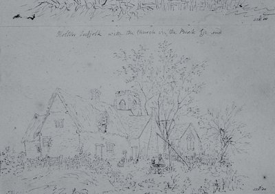 霍尔顿的小屋与背景中的教堂（纸和笔墨水） 作者 约翰·康斯特勃