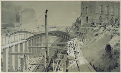 1836年9月在卡姆登镇公园街建造挡土墙（笔和墨水在纸上洗） 作者 约翰·库克·伯恩