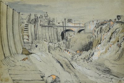 伦敦和伯明翰铁路的建设，约 1835 年（铅笔和纸上水墨） 作者 约翰·库克·伯恩