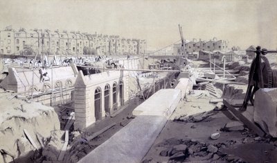 Mornington Crescent  - 正在建设中的线路，1836年9月（笔和墨水在纸上洗） 作者 约翰·库克·伯恩