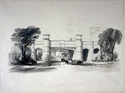 1839年4月，从沃里克郡的道路上看到的橄榄球铁路桥梁（笔和墨水在纸上洗） 作者 约翰·库克·伯恩