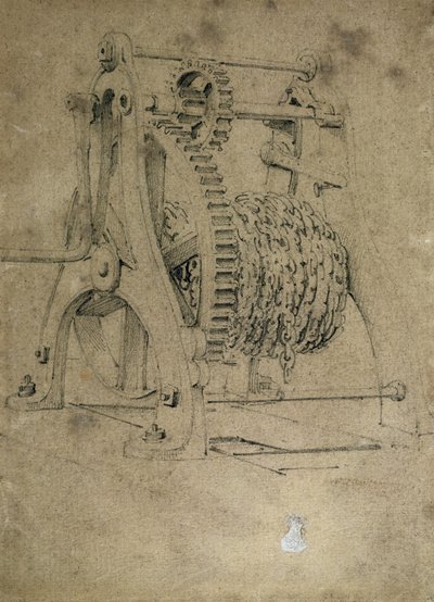 卷绕链条的绞车或螃蟹机构，1830年代（笔和墨水在纸上洗） 作者 约翰·库克·伯恩