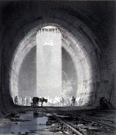工作井，基尔斯比隧道，1837年7月8日，由艺术家刻制。 作者 约翰·库克·伯恩