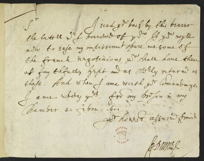 Cotton Julius C. III, f.153 1601 年 2 月 20 日约翰-多恩在狱中写给罗伯特-科顿爵士的亲笔信（纸上墨迹） 作者 约翰·多恩