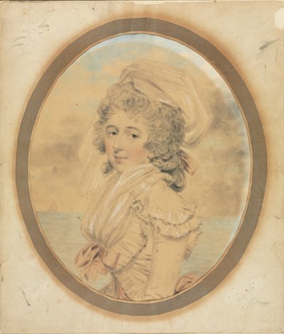1792年，蝴蝶结上的粉红色蝴蝶结的年轻女士。 作者 约翰·唐曼