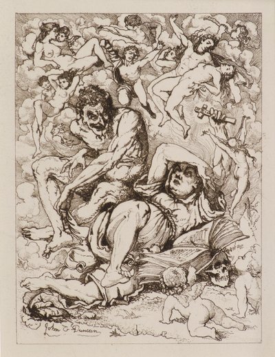 Reclining Figure Holding Cross, the Devil Sitting nearby Surrounded by Floating Figures (etching) 作者 约翰邓肯