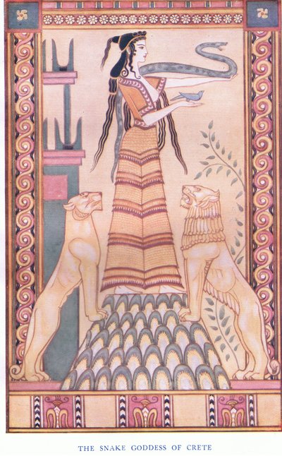 克里特岛的蛇女神，插图来自克里特神话和前希腊欧洲酒吧。由Gresham出版有限公司20世纪20年代 作者 约翰邓肯
