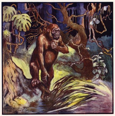 Before us stood an immense gorilla (colour litho)   1398978   zh       chinese Successfully Translated  Original: Vierhandige dieren (title on object) Nieuwe Nederlandsche kinderprenten (series title on object) Funkes prenten (series title on object) Trans 作者 约翰·埃德温·诺布尔