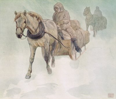 马拉雪橇，格拉迪斯·戴维森 (Gladys Davidson) 的《Helpers Without Hands》插图，1919 年出版（彩色平版印刷） 作者 约翰·埃德温·诺布尔