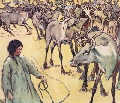 麋鹿群，插图选自格拉迪丝-戴维森的《无助者》，1919 年出版（彩色石版印刷）。 作者 约翰·埃德温·诺布尔
