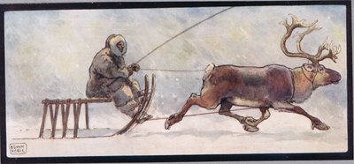 驯鹿和雪橇，插图选自格拉迪斯-戴维森 1919 年出版的《没有手的帮手》（彩色石版印刷）。 作者 约翰·埃德温·诺布尔