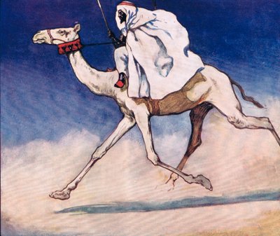 骑骆驼》，插图选自格拉迪丝-戴维森的作品《无手帮手》，1919 年出版（彩色石版印刷）。 作者 约翰·埃德温·诺布尔