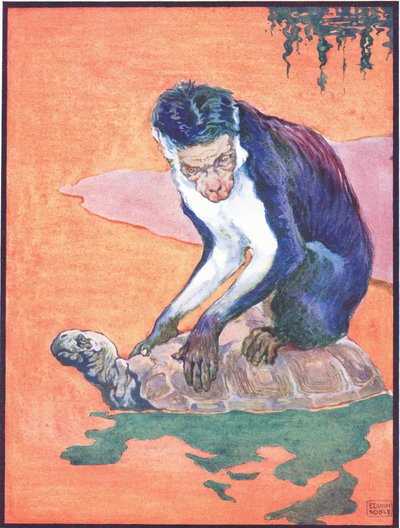 “猴子立刻变得可疑”，插图来自“乌龟和猴子”，由 Raphael Tuck & Sons Ltd. 出版（彩色平版印刷） 作者 约翰·埃德温·诺布尔