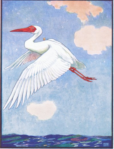 《鹤想知道那只蝴蝶在哪里》，《狐狸雷纳德》的插图，摘自《来自许多国家的动物传奇》，由 Raphael Tuck & Son Ltd. 出版（彩色平版印刷） 作者 约翰·埃德温·诺布尔
