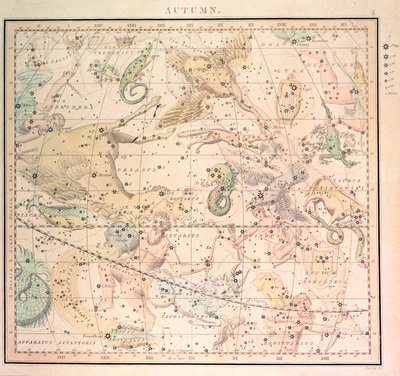 天体图：秋天，显示黄道十二宫和星星的位置（雕刻） 作者 John Emslie