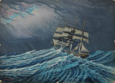 一艘帆船，19 世纪晚期 - 20 世纪中期（卡片油画） 作者 约翰·埃弗里特