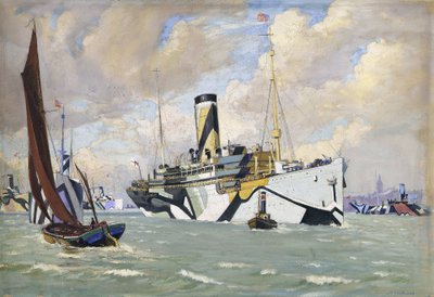 一艘辅助武装巡洋舰将美军船队驶入泰晤士河（英国） 作者 约翰·埃弗里特