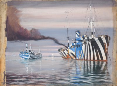 S.S. Lepanto 号和另一艘涂有炫目油漆的蒸汽船停泊在平静的水面上 作者 约翰·埃弗里特