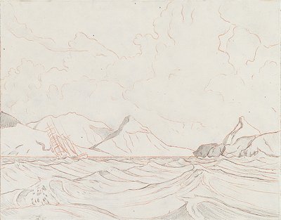 海景与经过陆地的船只（1），20 世纪初（石墨、棕色蜡笔） 作者 约翰·埃弗里特