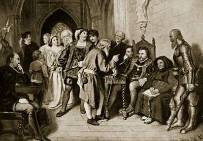 詹姆斯四世在1513年Flodden战役之前的议会中，插图来自&39;哈钦森的英国民族故事&39;，c.1923 作者 约翰·法德