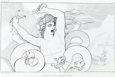 Charybde and Scylla 集：尤利西斯的六个同伴被吞噬。 约翰·弗拉克斯曼 (John Flaxman) 的绘画 (1755 - 1826)。 荷马的奥德赛。 宋十二。 作者 John Flaxman