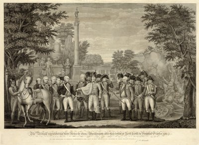 The British surrendering their Arms to Gen. Washington after their defeat at York Town in Virginia October 1781, pub. 1819 (engraving) 作者 John Francis (after) Renault