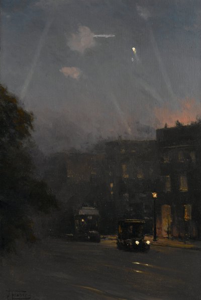 齐柏林飞艇空袭，1915 年 10 月 8 日，约 1915-18 年（布面油画） 作者 约翰·弗雷泽