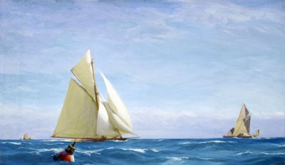 泰晤士河上的一艘大帆船和一艘驳船，靠近港口海岸。布面油画，约 1910 年，作者约翰-弗雷泽（1858-1927 年）。 作者 约翰·弗雷泽