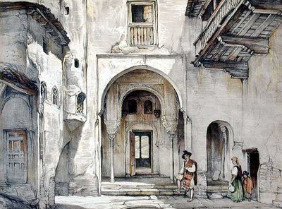 清真寺的入口，出自《阿尔罕布拉草图和绘图》，由威廉-高奇（fl.1825-54）雕刻。 作者 约翰·弗雷德里克（后）刘易斯