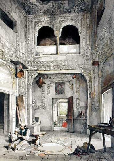 圣婴塔(Torre de las Infantas),出自《阿尔罕布拉草图和绘图》,由詹姆斯-达菲尔德-哈丁(1798-1863)雕刻。 作者 约翰·弗雷德里克（后）刘易斯