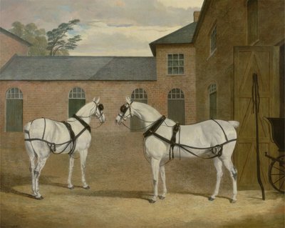 索尔比先生的灰色马车在1836年赫特福德郡Putteridge Bury的教练园里 作者 John Frederick Herring Senior